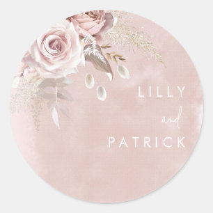 Sticker Rond Fleurs Roses poussières Aquarelle Bleu Mariage Eng