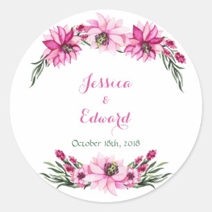 Sticker Rond Fleurs roses romantiques Mariage d'aquarelle