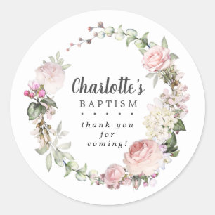 Sticker Rond Fleurs Roses Rustiques Baptême Remerciements