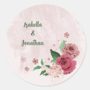 Sticker Rond fleurs roses vert feuille mariage