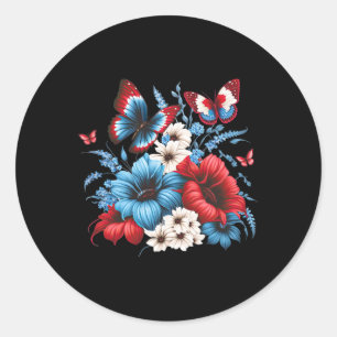 Sticker Rond Fleurs - Rouge Blanc Et Bleu 4 juillet Patriotique