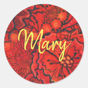 Sticker Rond Fleurs rouges nom monogramme personnalisé texte pe