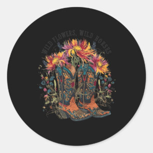 Sticker Rond Fleurs sauvages - Chevaux sauvages Cowgirl Boot We
