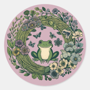 Sticker Rond Fleurs sauvages de grenouilles Cottagecore