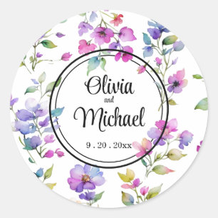 Sticker Rond Fleurs sauvages élégantes rose violet à l'aquarell