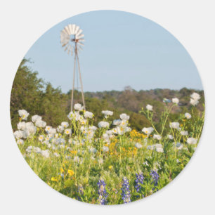 Sticker Rond Fleurs sauvages et moulin à vent dans Texas Hill C