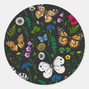Sticker Rond Fleurs sauvages et papillons sur le noir