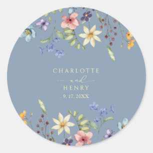 Sticker Rond Fleurs sauvages floraux rustiques Mariage bleu sim