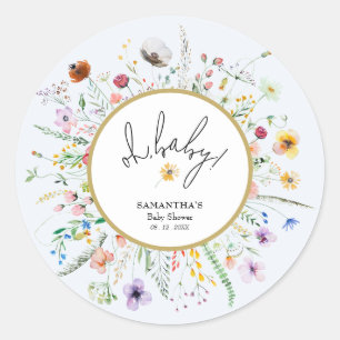 Sticker Rond Fleurs Sauvages Garçon Baby Shower Bleu