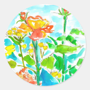 Sticker Rond Fleurs sauvages jaunes de roses oranges