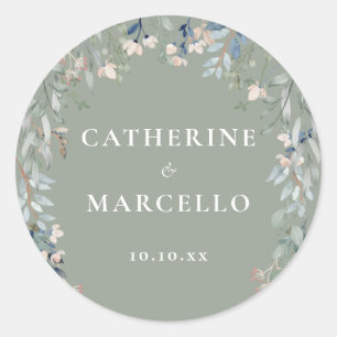 Sticker Rond Fleurs Sauvages Mariage Vert Sauge