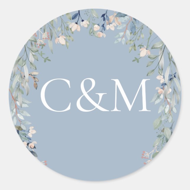 Sticker Rond Fleurs sauvages Poussière de fleurs bleue Monogram (Devant)