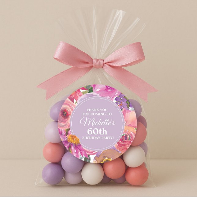 Sticker Rond Fleurs sauvages rose violet 60e fête d'anniversair (Pink and purple watercolor floral 60th birthday party thank you sticker)