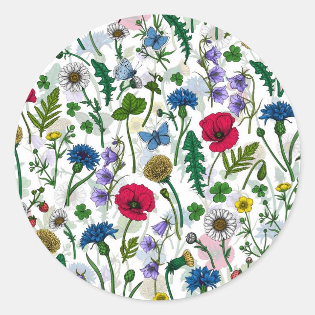 Sticker Rond Fleurs sauvages sur blanc cassé (Devant)