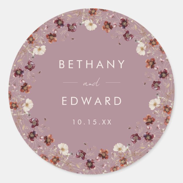 Sticker Rond Fleurs séchées à la chute Whimsical Mauve Mariage (Devant)