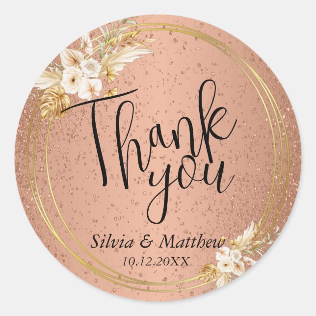 Sticker Rond Fleurs sur corail pailleté - Merci (Devant)