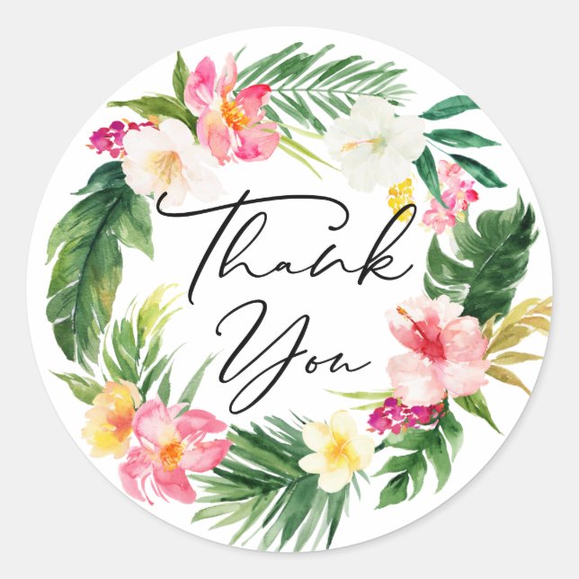 Sticker Rond Fleurs tropicales à l'aquarelle et verdure Merci (Devant)