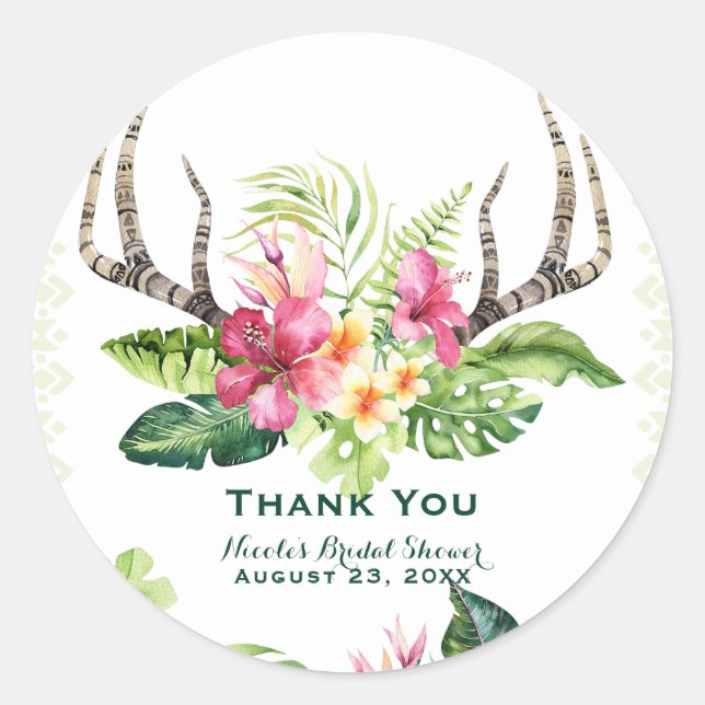 Sticker Rond Fleurs tropicales Boho Rustic Antlers Fête des mar (Devant)