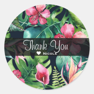 Sticker Rond Fleurs tropicales d'Hibiscus et feuilles de palmie