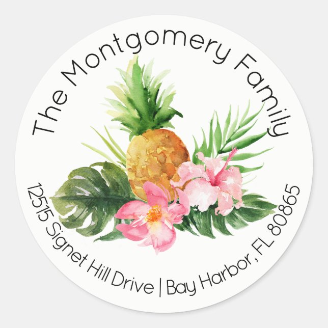 Sticker Rond Fleurs tropicales et ananas Adresse de retour (Devant)