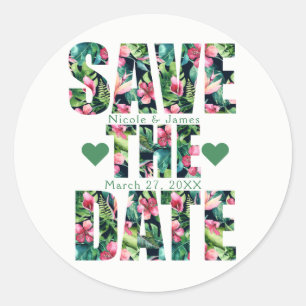 Sticker Rond Fleurs tropicales hawaïennes SAVE THE DATE personn