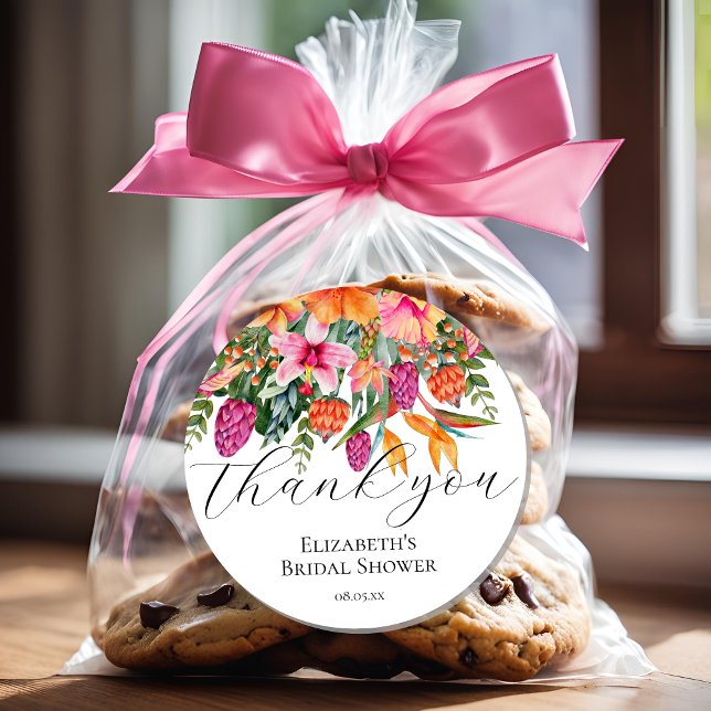 Sticker Rond Fleurs tropicales rose orange écriture remerciemen (Créateur téléchargé)