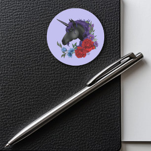 Sticker Rond Fleurs Unicorne Noire violet