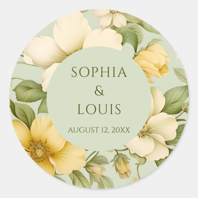 Sticker Rond Fleurs vertes douces et beiges mariage (Devant)
