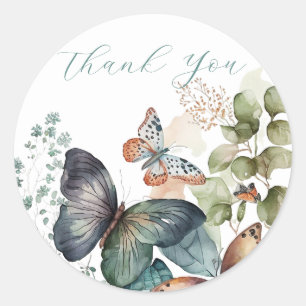 Sticker Rond Fleurs vertes romantiques et papillon merci