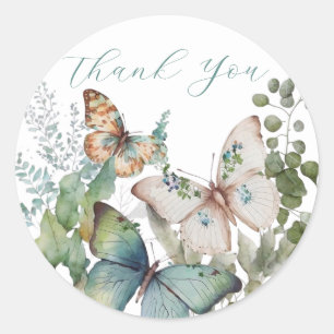 Sticker Rond Fleurs vertes romantiques et papillon merci