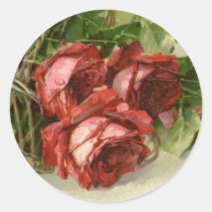 Sticker Rond Fleurs victoriennes vintages, Roses rouges