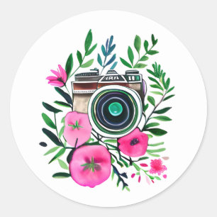 Sticker Rond Fleurs vintages et caméra rétro personnalisée