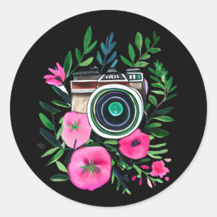 Sticker Rond Fleurs vintages et caméra rétro personnalisée