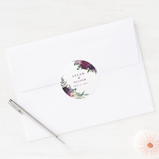 Sticker Rond Fleurs violettes luxuriantes | Mariage romantique (Enveloppe)