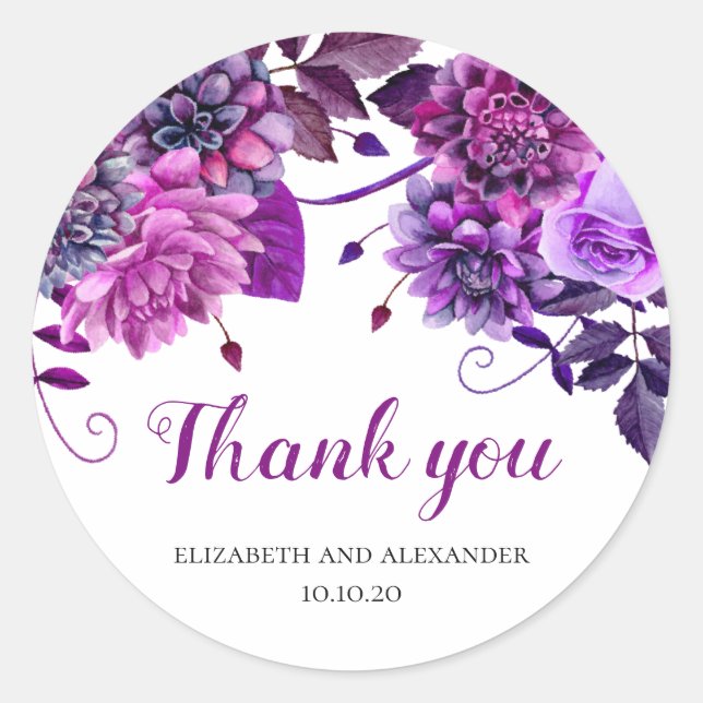 Sticker Rond Fleurs violettes merci. Violet Floral mariage (Devant)