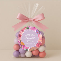 Sticker Rond Fleurs violettes roses 75e anniversaire Merci de f