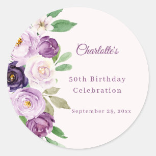 Sticker Rond Fleurs violettes roses pour anniversaire