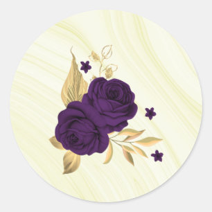 Sticker Rond fleurs violettes royales or marbre feuille