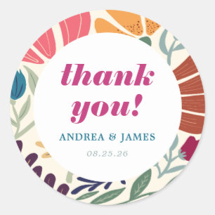 Sticker Rond Fleurs vives et audacieuses Mariage Rétro Merci