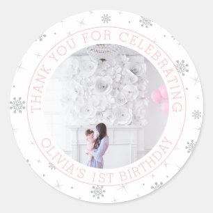 Sticker Rond Flocon de neige argenté et rose   Photo de fête d'