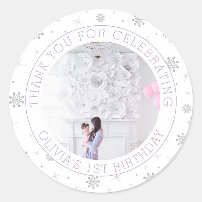Sticker Rond Flocon de neige d'argent et violet 1er anniversair (Devant)
