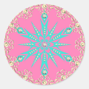 Sticker Rond Flocon de neige du milieu du siècle rose turquoise