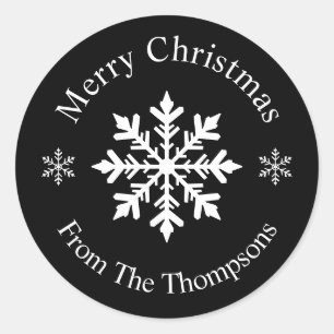 Sticker Rond Flocon de neige noir et blanc Joyeux Noël Moderne