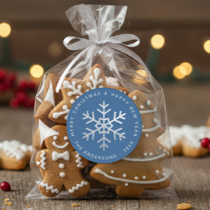 Sticker Rond Flocon de Noël Bleu Élégant Faux Feuille d'Argent 