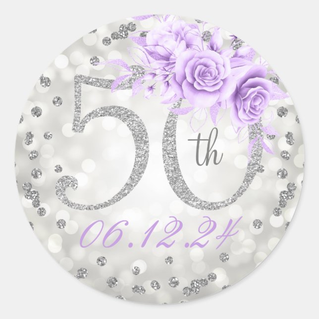Sticker Rond Floral 50e anniversaire fête éclaire l'argent viol (Devant)