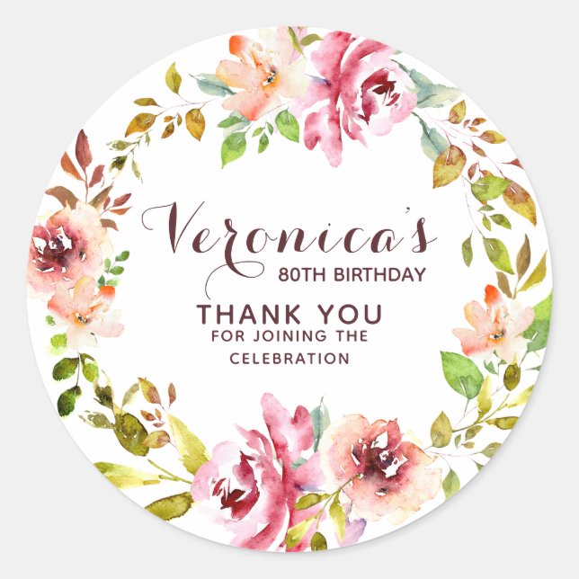Sticker Rond Floral | 80e anniversaire Merci de prune (Devant)