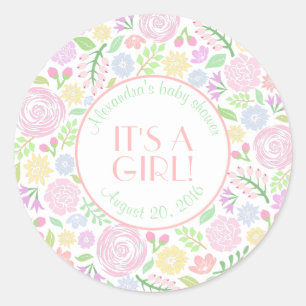 Sticker rond floral baby shower, brillant