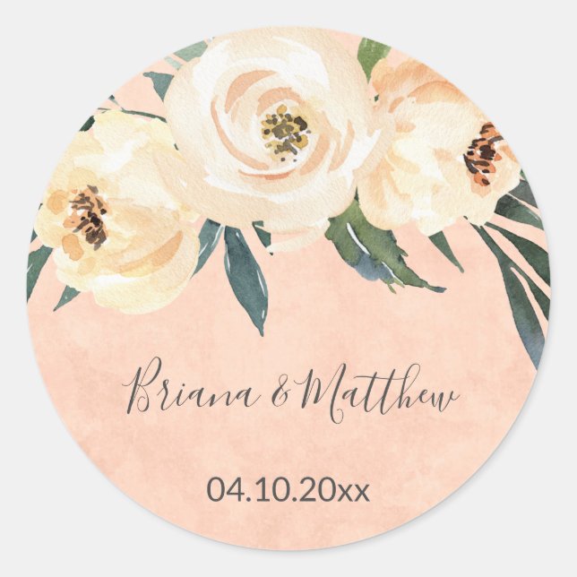 Sticker Rond Floral Beige Blush Pêche Mariage Faveurs Classique (Devant)
