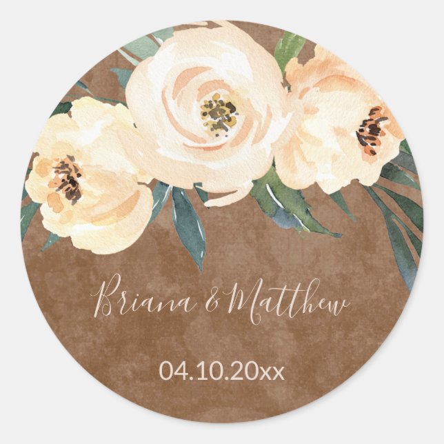 Sticker Rond Floral Beige Blush Wedding Faveurs Classique (Devant)