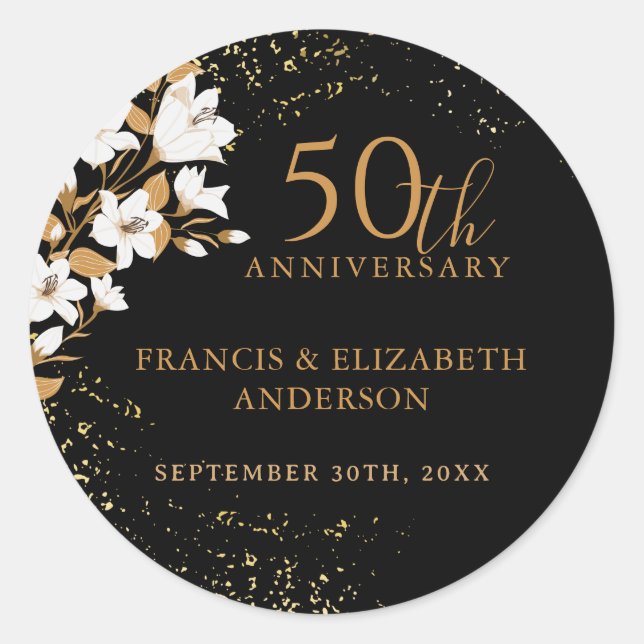 Sticker Rond Floral Black Gold 50e anniversaire Mariage (Devant)